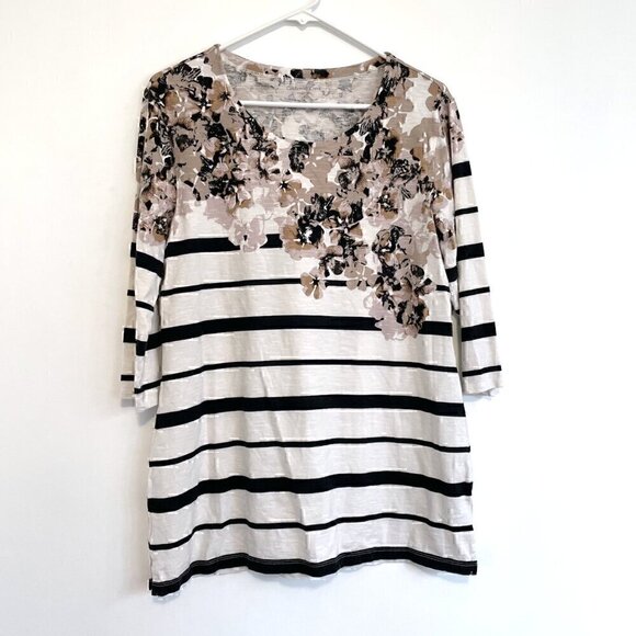 COLDWATER CREEK White Black Striped Brown Floral Mixed Print 3/4 Sleeve Tee Top - Picture 1 of 13